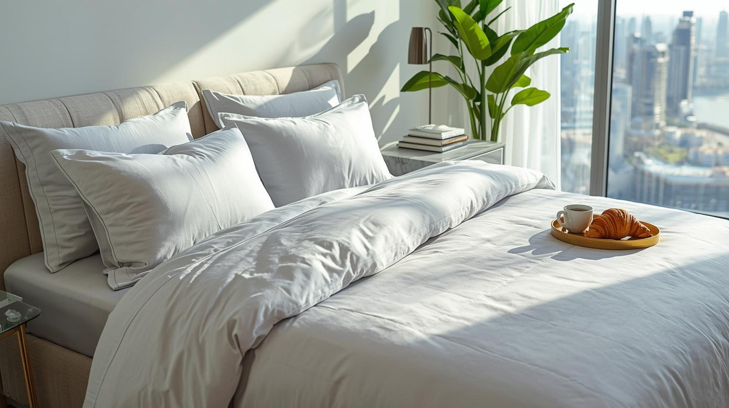 Luxury bamboo lyocell white bedding set styled in a modern Dubai bedroom with city skyline view and soft natural sunlight.
