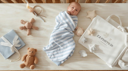 Light Blue Stripe → "Light blue striped bamboo cotton baby swaddle newborn 110x110cm"